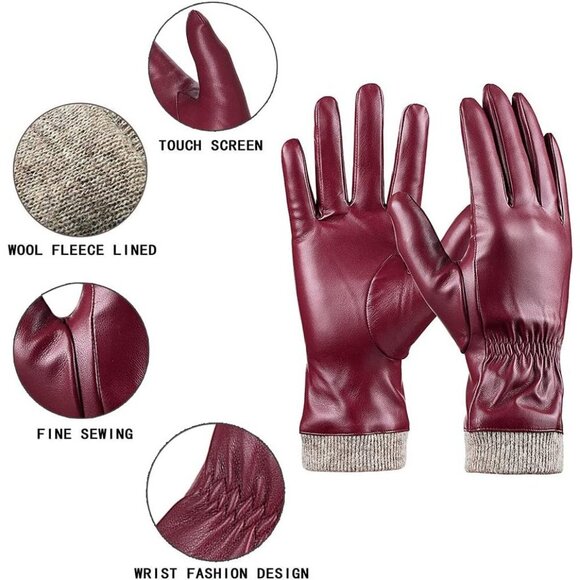 Women's Wine Red Winter Leather Gloves Wool Fleece Lined Thermal Touchscreen - Picture 3 of 5